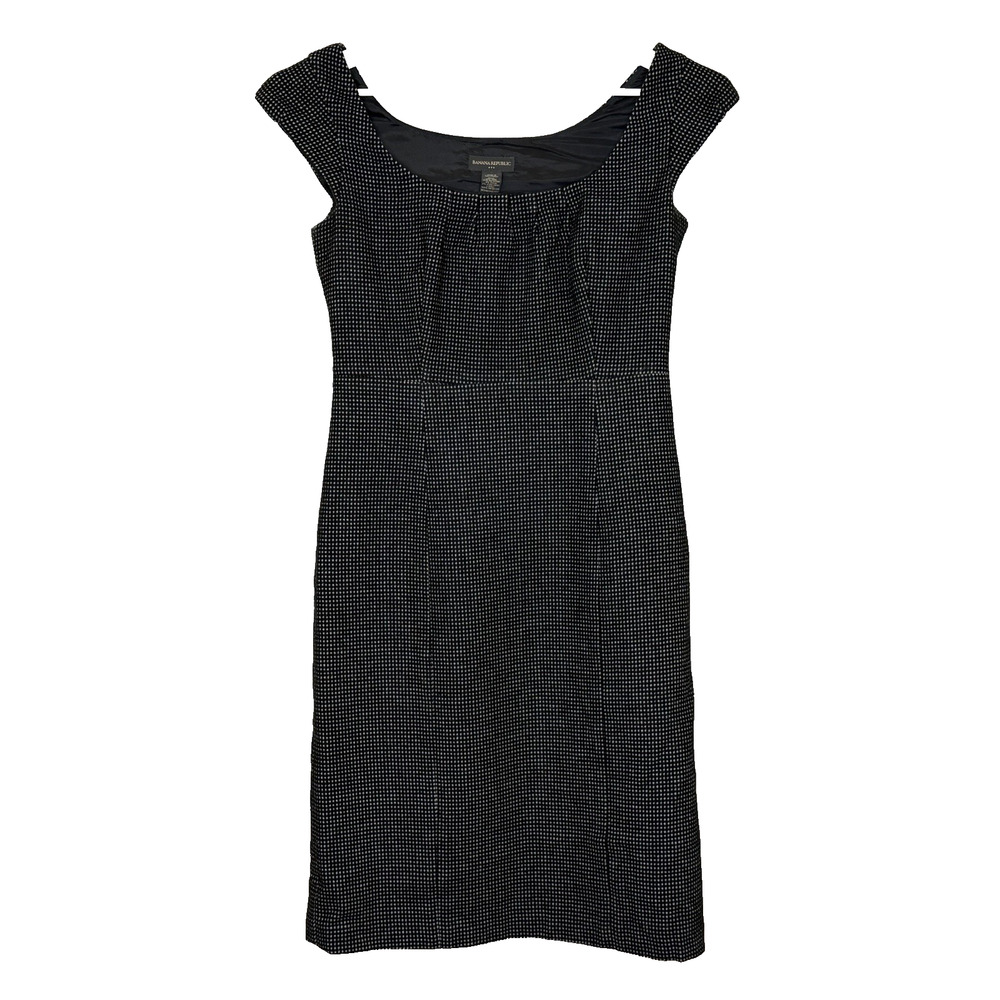 Banana Republic Sheath Dress Size 8 Black Cap Sleeve Scoop Pleat Neck Wool Blend